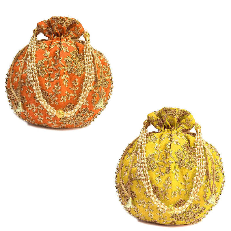 Women's Ethnic Rajasthani Potli Bag - Set of 2 - Yellow and Orange - Vintage Gulley