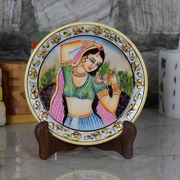 Marble 22 Carat Gold Foil Work Round Shape Ragini Pose - 6 Inches - Vintage Gulley