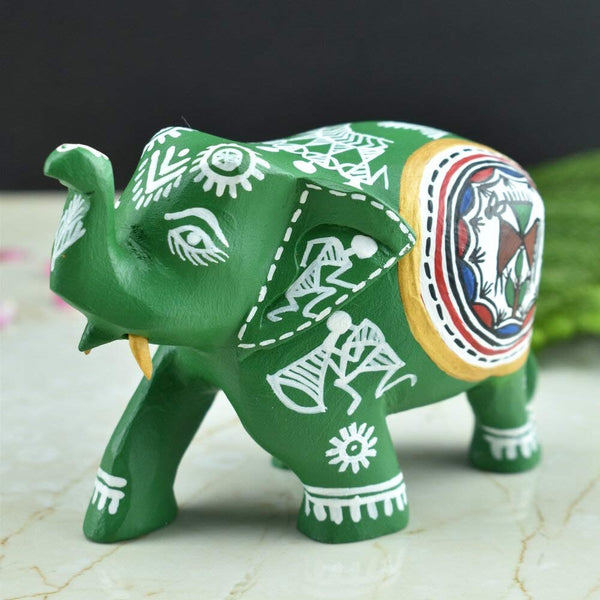 Wooden Hand-Painted Elephant with Warli Art Tribal Motif - Green - 3 Inches - Vintage Gulley