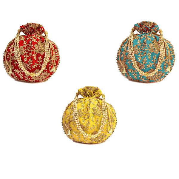 Women's Ethnic Rajasthani Potli Bag - Set of 3 - Red, Yellow and Light Blue - Vintage Gulley