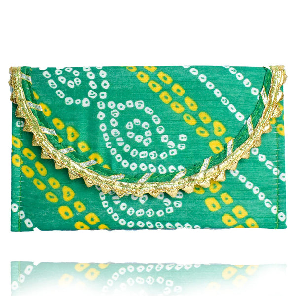 Traditional Rajasthani Gota Fabric Envelope Purse For Women - Green Yellow White - Vintage Gulley
