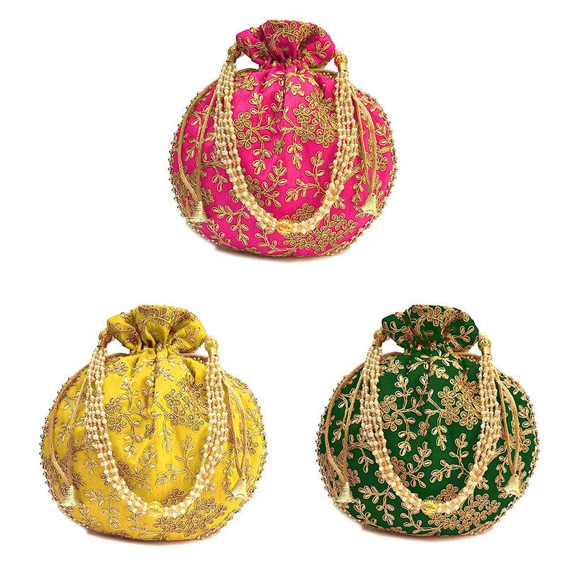 Women's Ethnic Rajasthani Potli Bag - Set of 3 - Pink, Yellow and Green - Vintage Gulley