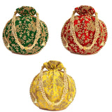 Women's Ethnic Rajasthani Potli Bag - Set of 3 - Green, Red and Yellow - Vintage Gulley