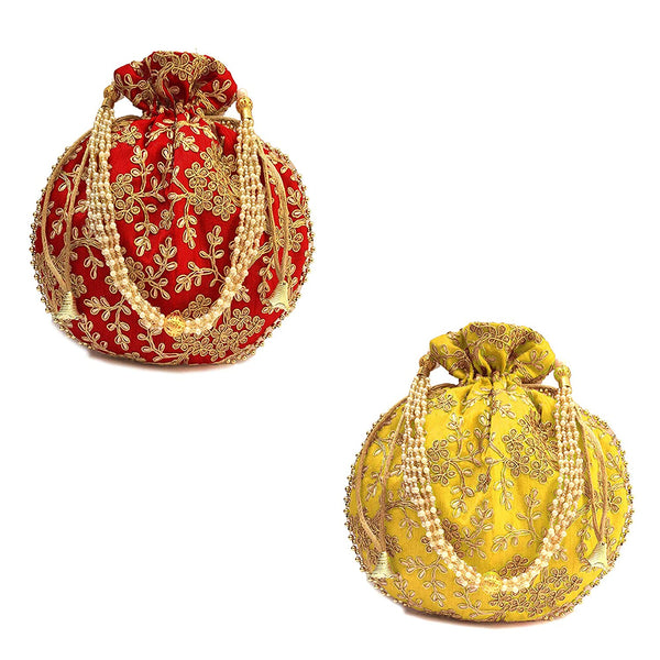 Women's Ethnic Rajasthani Potli Bag - Set of 2 - Red and Yellow - Vintage Gulley