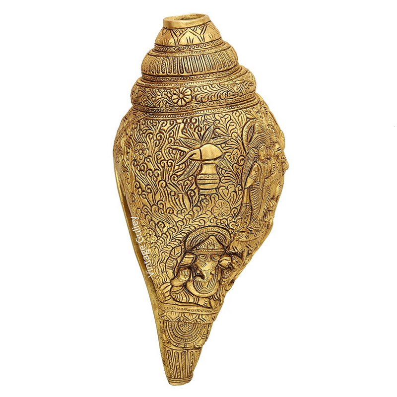 Brass Goddess Durga, Saraswati, Lakshmi & Ganesha Sculpted On Brass Conch/Shankh Idol & Figurine - Vintage Gulley