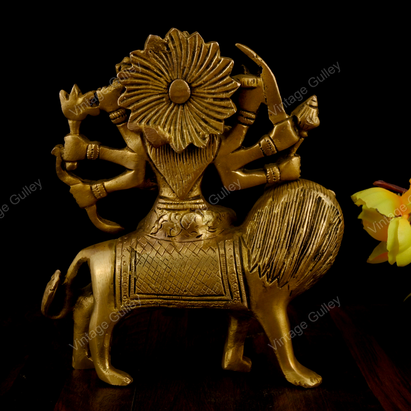 Brass Durga Idol Sitting on Lion - Antique