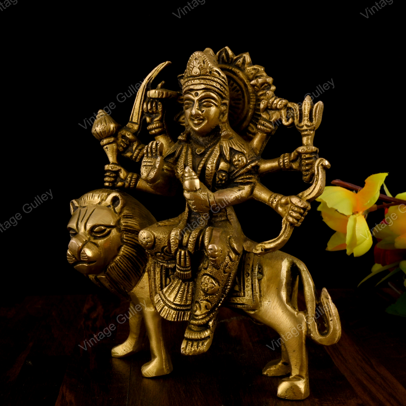 Brass Durga Idol Sitting on Lion - Antique