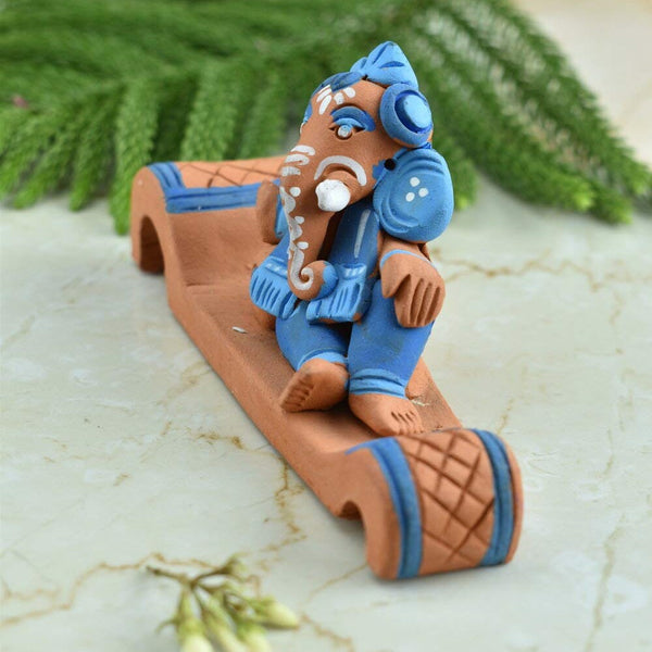 Terracotta Handpainted Resting Ganesha - Blue - Vintage Gulley