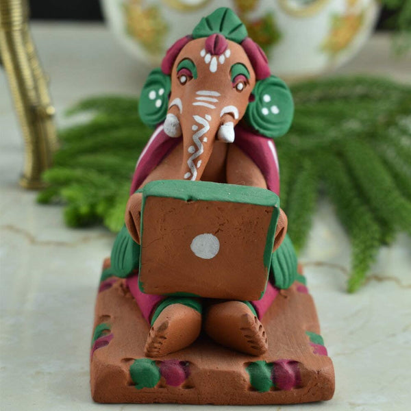 Terracotta Handpainted Computer Ganesha - Green & Red - Vintage Gulley