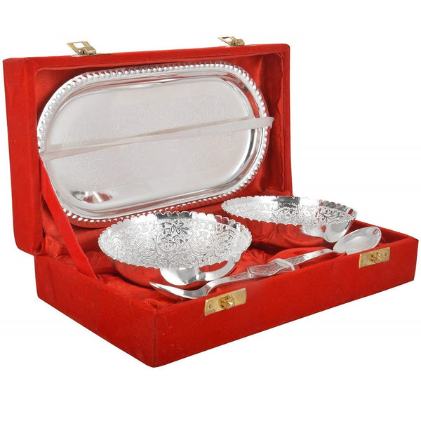 Silver Plated Bowl Set with Red Velvet Box- Capsule Tray Bowls 5 Pcs Set - Vintage Gulley