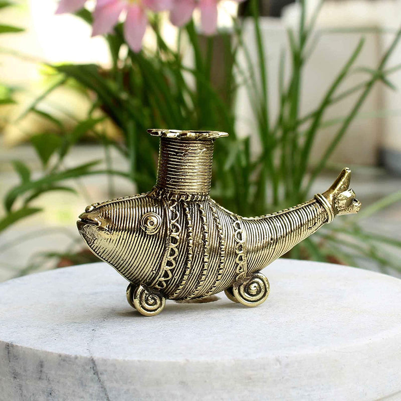 Brass Dhokra Fish Shaped Candle Stand - Vintage Gulley