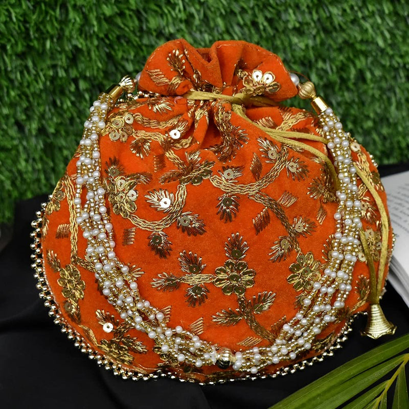 Women's Velvet Ethnic Rajasthani Potli Bag - Orange - Vintage Gulley
