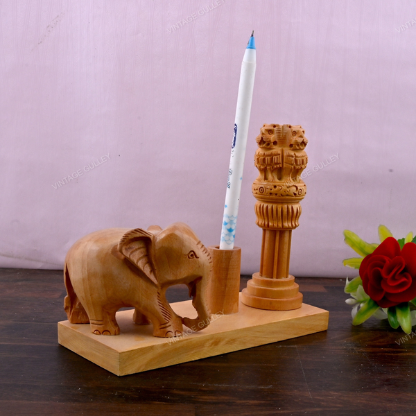 Wooden Carved Elephant Pencil & Pen Holder