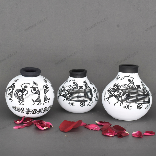 White Warli Hand Painted Terracotta Pot - Set of 3