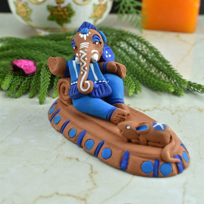 Terracotta Handpainted Resting Ganesha - Style 2 - Blue - Vintage Gulley
