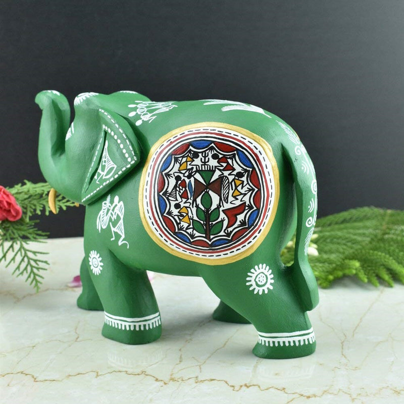 Wooden Hand-Painted Elephant with Warli Art Tribal Motif - Green - 6 Inches - Vintage Gulley