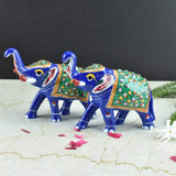 Meenakari Royal Blue Elephant - Green - Set of 2 - Vintage Gulley