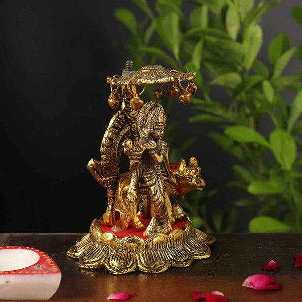 White Metal Golden Oxidized Krishna with Cow - Vintage Gulley