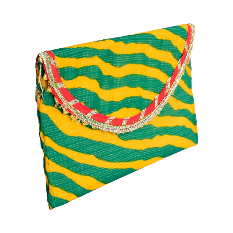 Traditional Rajasthani Gota Fabric Envelope Purse For Women - Green Yellow Red - Vintage Gulley