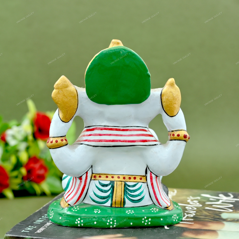 Metal Charbhuja Ganesha Idol Painted - Green
