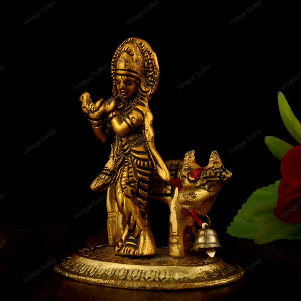White Metal Golden Oxidized Krishna with Cow