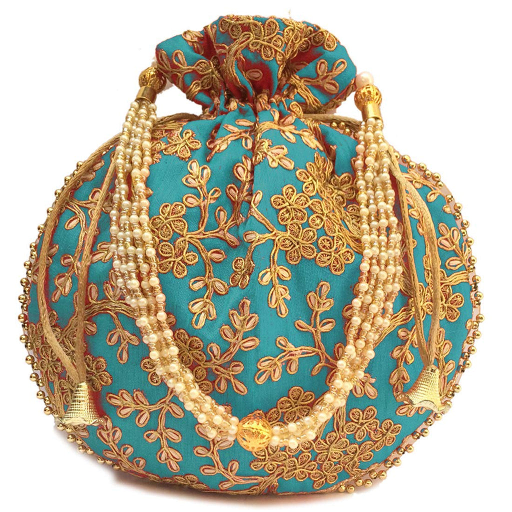 GOLDGIFTIDEAS Handcrafted Silk Embroidery Pearl Potli Bags for Women,  Bridal Clutch for Wedding, Potli Purse for Ladies (Set of 5)