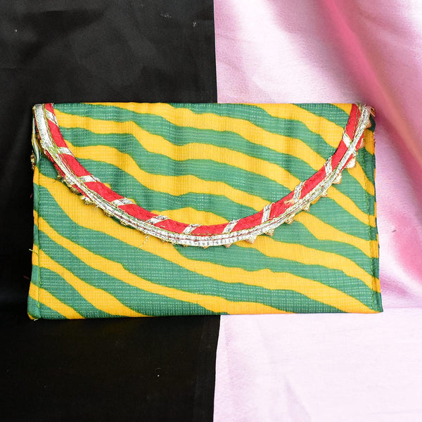 Traditional Rajasthani Gota Fabric Envelope Purse For Women - Green Yellow Red - Vintage Gulley