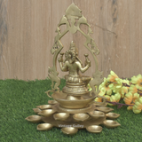 Brass Laxmi Ji Sitting with Diyas for Pooja | Goddess Lakshmi - Vintage Gulley