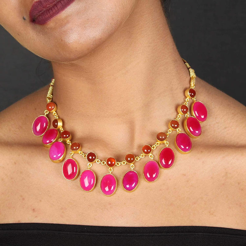 Semi Precious Gemstone Beaded Necklace for Women and Girls - Pink - Vintage Gulley