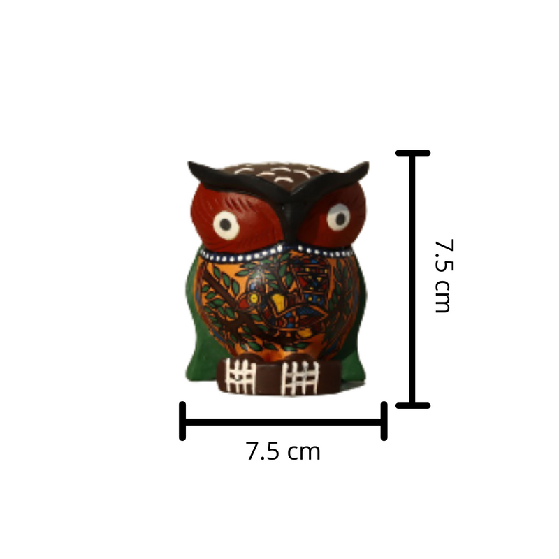 Hand Carved & Hand Painted Wooden Owl - Orange with Bird Motif - 3 inches - Vintage Gulley