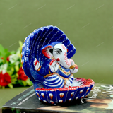 Enamelled Metal Ganesha Idol Seated in A Sea Shell - Blue