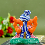 Enameled Metal Pagdi Ganesha Idol - 3 Inches - Blue & Orange