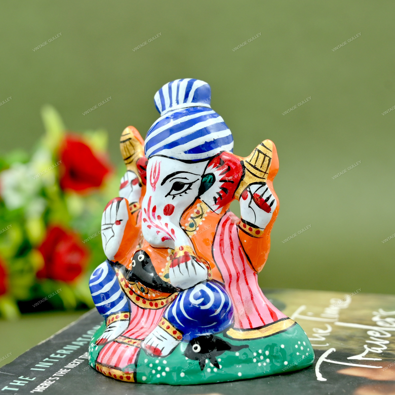 Enameled Metal Pagdi Ganesha Idol - 3 Inches - Blue & Orange