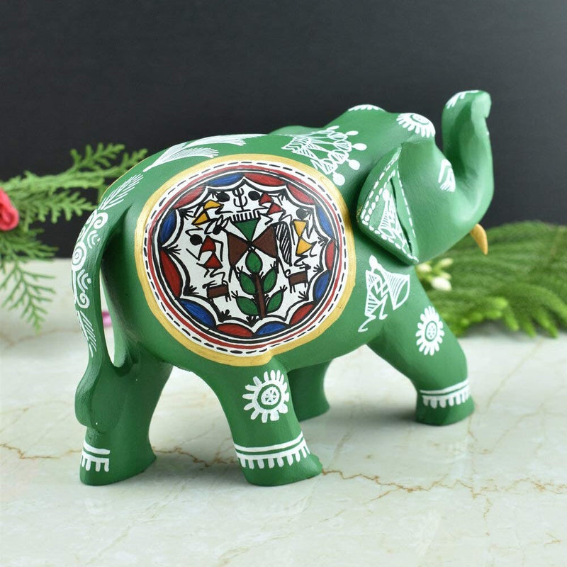 Wooden Hand-Painted Elephant with Warli Art Tribal Motif - Green - 5 Inches - Vintage Gulley