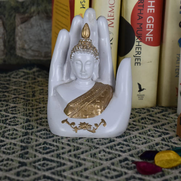 Polyresin Hand Buddha Idol Statue Showpiece for Home Decor Diwali Decoration and Gifting - White - Vintage Gulley