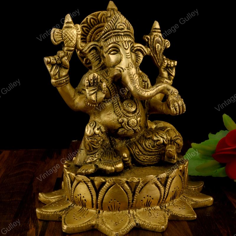 Brass Ganesha Sitting on a Lotus Flower