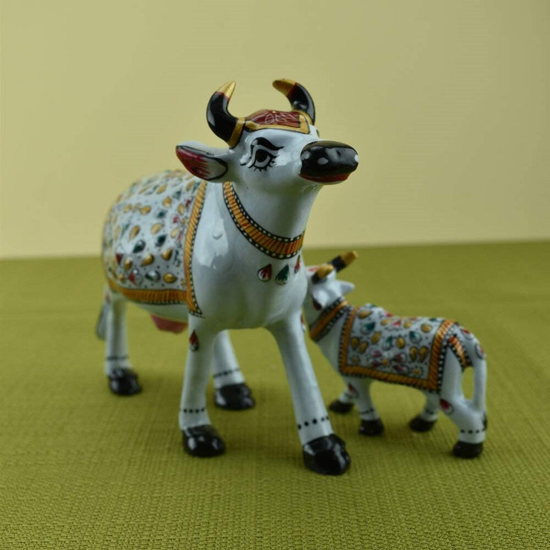 Meenakari Cow & Calf Royal White-White I Hand-Enameled in Metal I Gift/Home Decor I Living Room - Set of 2 - Vintage Gulley