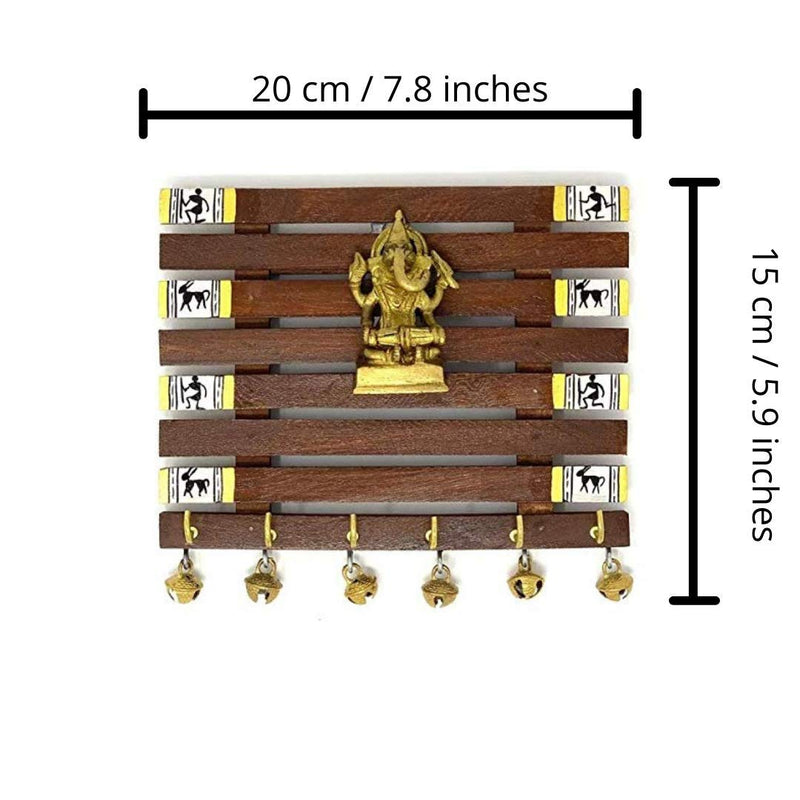 Handmade Brass Ganesha Motif | Warli Hand-Painted Key Holder | Madhubani Art - 6 Hooks - Vintage Gulley