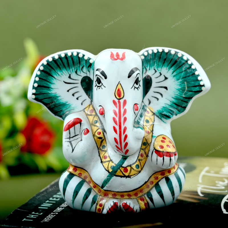 Enameled Metal Appu Ganesha Idol - 2.5 Inches - White & Green