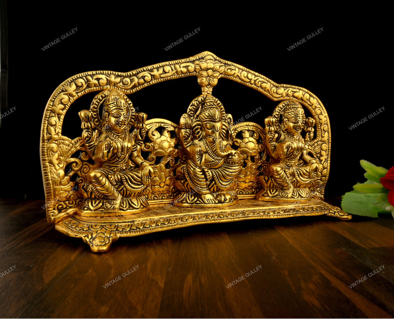 Metal Golden Oxidized Laxmi Ganesh Saraswati