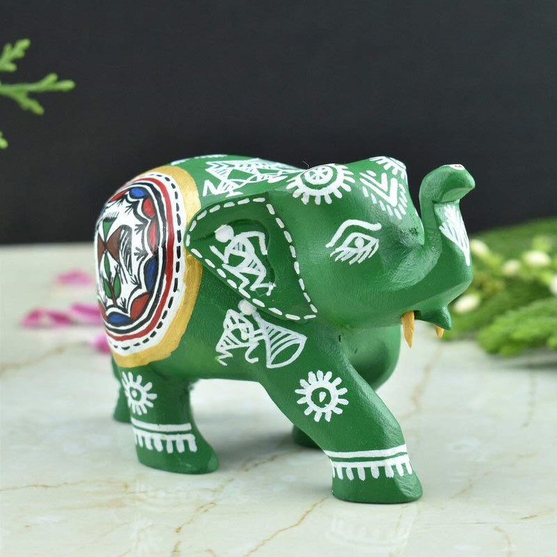 Wooden Hand-Painted Elephant with Warli Art Tribal Motif - Green - 3 Inches - Vintage Gulley