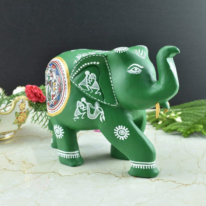 Wooden Hand-Painted Elephant with Warli Art Tribal Motif - Green - 6 Inches - Vintage Gulley