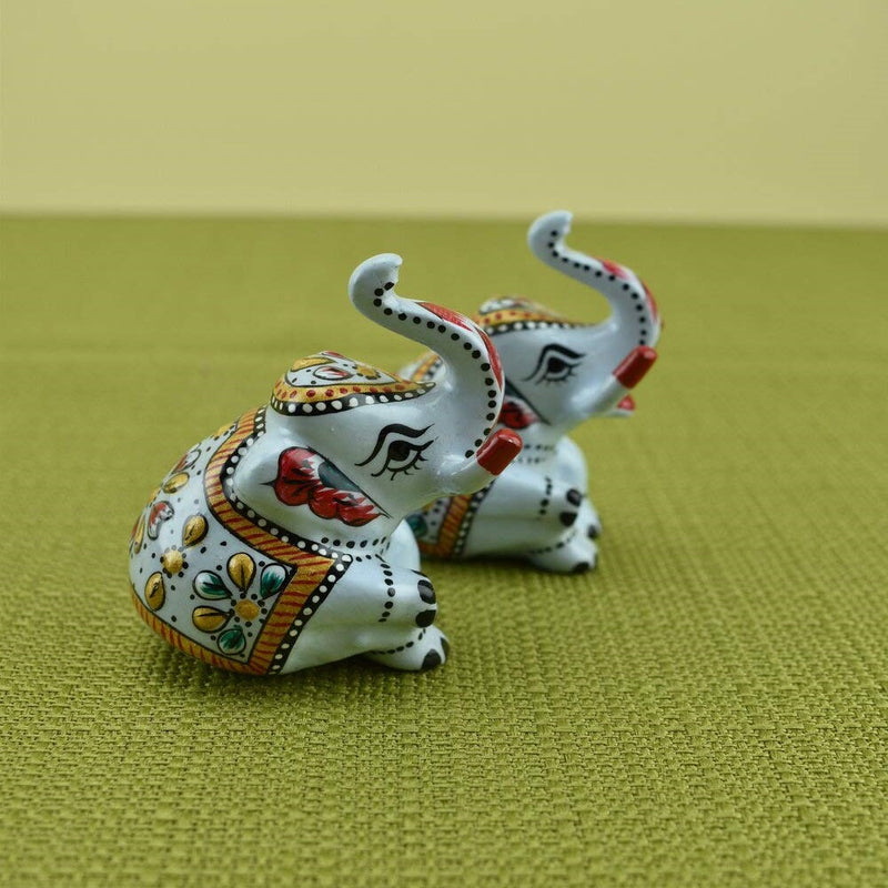 Meenakari Royal White Elephant Sitting I Hand-Enameled in Metal I Gift/Home Decor I Single I Living Room - Set of 2 - Vintage Gulley