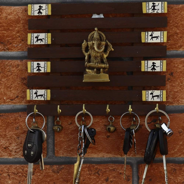 Handmade Brass Ganesha Motif | Warli Hand-Painted Key Holder | Madhubani Art - 6 Hooks - Vintage Gulley