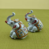 Meenakari Royal White Elephant Sitting I Hand-Enameled in Metal I Gift/Home Decor I Single I Living Room - Set of 2 - Vintage Gulley