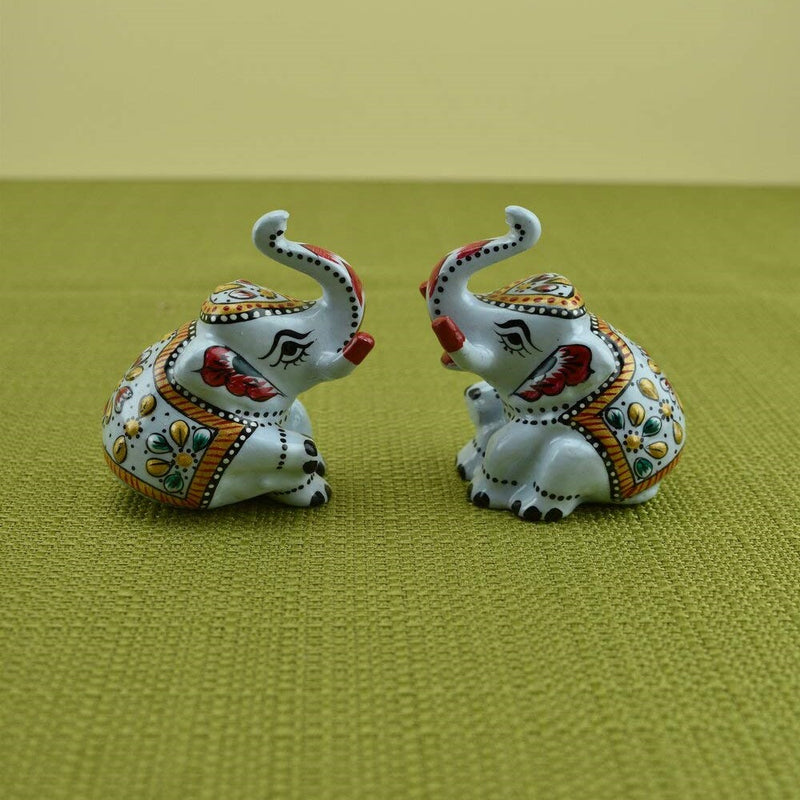 Meenakari Royal White Elephant Sitting I Hand-Enameled in Metal I Gift/Home Decor I Single I Living Room - Set of 2 - Vintage Gulley