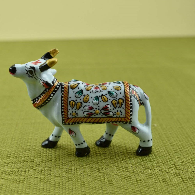 Meenakari Cow & Calf Royal White I Hand-Enameled in Metal I Gift/Home Decor I Living Room I Car I Dashboard - Set of 2 - Vintage Gulley