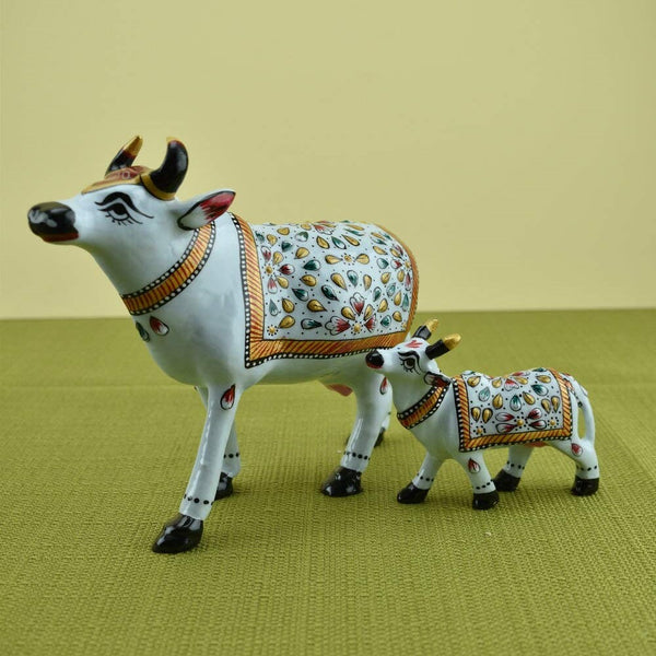 Meenakari Cow & Calf Royal White-White I Hand-Enameled in Metal I Gift/Home Decor I Living Room - Set of 2 - Vintage Gulley