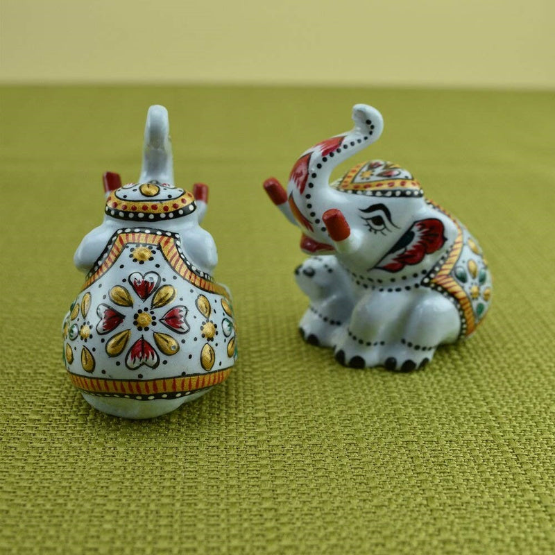 Meenakari Royal White Elephant Sitting I Hand-Enameled in Metal I Gift/Home Decor I Single I Living Room - Set of 2 - Vintage Gulley