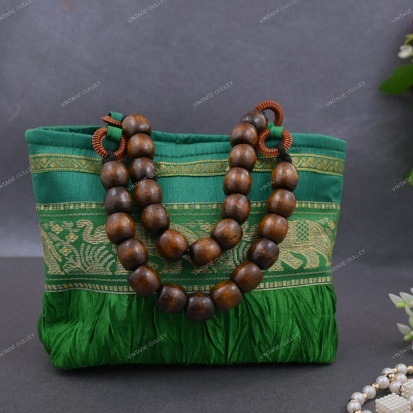 Rajasthani Designer Handbag with Beads - Green